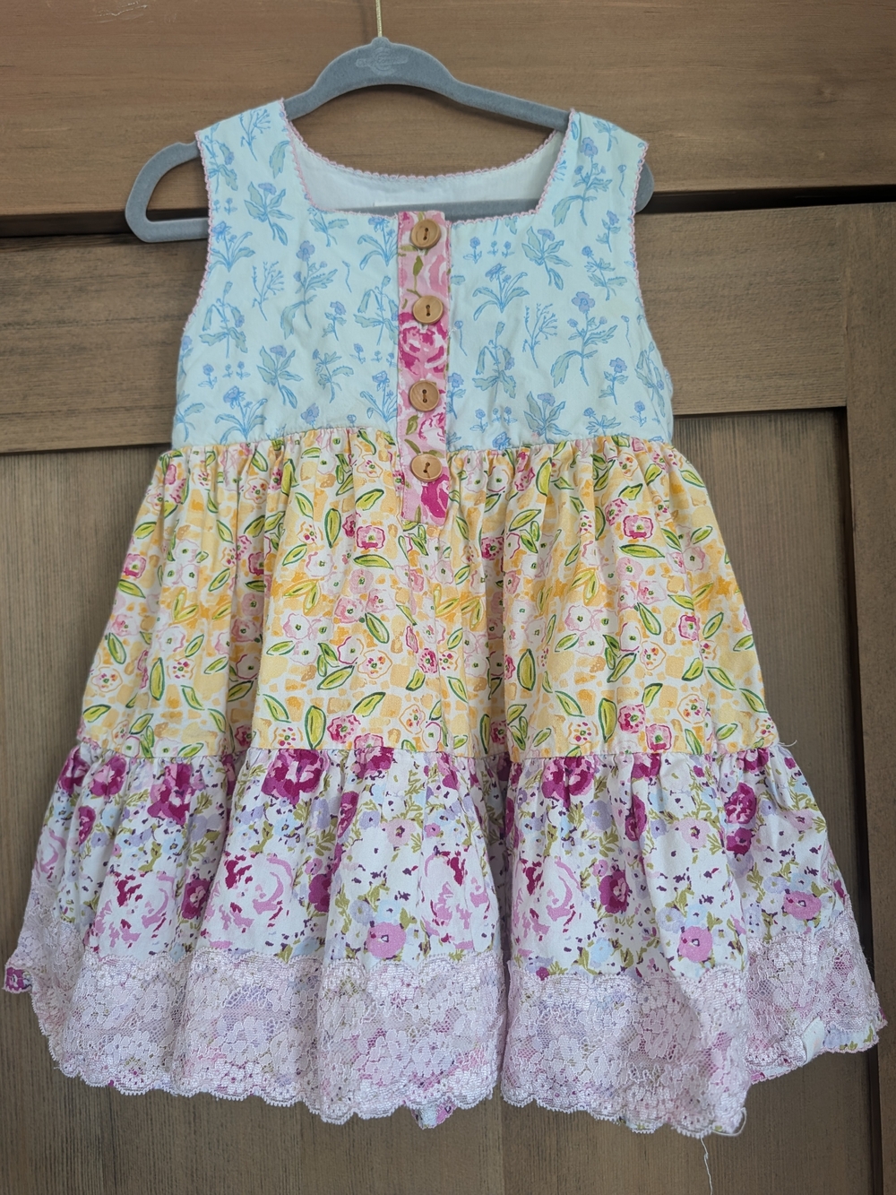 SweetHoney Girls Floral Tiered Dress in Blue, Yellow & Pink